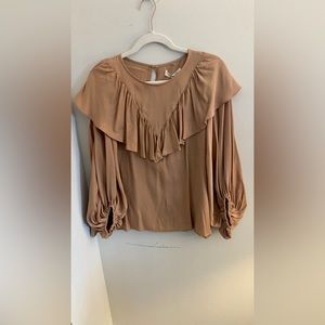 Balloon sleeve ruffle top, Tan, Size Medium
